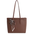 Brown litchi leather tote bag with polka dot scarf detail for women daily commute - Brown