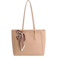 Beige pebble leather tote bag with elegant polka dot silk scarf and thin straps - Khaki