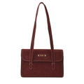 Retro Schultertasche in Burgund mit weißen Ziernähten und ovaler Metallplakette - Burgunderrot