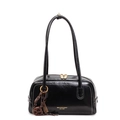Chic black glossy leather hobo bag with contrast stitching and decorative gold pendant - With Pendant / Black