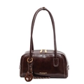 Deep brown oil wax leather retro pillow bag with top handles and gold logo detail - With Pendant / Brown