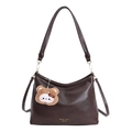 Minimalist dark brown leather shoulder bag with a cute plush bear charm for daily wear - With Pendant / Brown