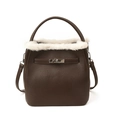 Brown leather tote bag with white plush trim and silver metallic twist lock closure - Brown