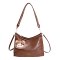 Brown faux leather crossbody handbag with cute bear pendant and gold branding - With Pendant / Brown