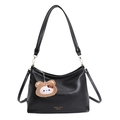 Retro black faux leather tote bag with white contrast stitching and plush charm decoration - With Pendant / Black