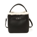 Elegant black bucket bag with white faux fur trim and silver turn-lock clasp - Black