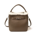 Dark brown leather bucket bag with white faux fur trim and silver turn-lock closure - Gray