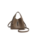 Brown lychee grain leather bucket bag with silver buckle and adjustable shoulder strap - With Pendant / Elephant Gray