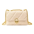 Elegante borsa a tracolla trapuntata crema con catena dorata e motivo a quadri lusso - Beige
