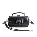 Sleek black patent leather crossbody bag with silver buckle and top handle - With Pendant / Black