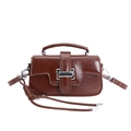 Brown high-gloss oil wax leather handbag with silver square buckle and detachable strap - With Pendant / Brown