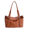 Brown litchi grain underarm tote bag with vertical buckle straps and dual shoulder handles - Brown