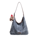 Borsa tote in tela grigia con finiture in pelle marrone scuro e ciondolo a forma di orso - Con Ciondolo / Blu