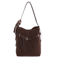 Dark brown bucket bag in matte leather finish featuring a decorative silk scarf detail - With Pendant / Brown