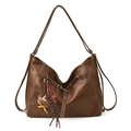 Braune Shopper Tasche aus Leder mit weißen Ziernähten und niedlichem Bär-Anhänger - Mit Anhänger / Braun