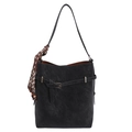 Retro black matte bucket bag for women with geometric silk scarf and buckle detail - With Pendant / Black