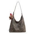 Borsa hobo vintage in tela lavata marrone scuro con tracolla in pelle e ciondolo orsetto - Con Ciondolo / Ebano
