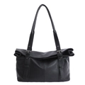 Black large capacity tote bag in lychee pattern leather with silver buckle decor - Black