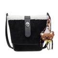 Vintage suede bucket bag with white faux fur trim and cute bear keychain charm - With Charm / Black