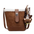 Brown faux suede winter bucket bag with white fleece trim and cute plush bear charm - With Charm / Brown