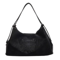Bolso tote grande de cuero negro con elegante bordado floral y bandolera - Negro