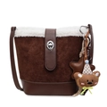 Brown suede bucket bag with white faux fur trim and cute plush bear charm - With Charm / Coffee