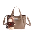 Brown leather bucket bag with silver twist lock and cute teddy bear charm detail - With Pendant / Elephant Gray