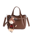 Brown litchi leather bucket bag with silver lock and a cute teddy bear charm - With Pendant / Brown