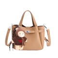 Brown bucket bag with pebble leather texture, metal twist lock and cute bear charm - With Pendant / Khaki