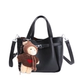 Black litchi leather bucket bag with silver clasp and cute plush bear charm - With Pendant / Black