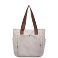 Bolso tote grande de lona crema con correas marrones y bolsillo frontal - Blanco Roto