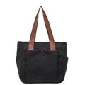 Bolso tote grande de lona negra con asas marrones y diseño funcional de bolsillo frontal - Negro