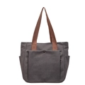 Bolso tote de lona gris oscuro con asas marrones y bolsillo frontal con broche - Gris