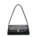 Minimalist black baguette shoulder bag with shiny leather finish and gold metal buckle - Black