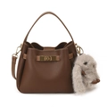 Dark brown pebbled leather bucket bag with gold lock and cute grey plush rabbit charm - With Pendant / Brown