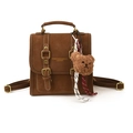 Vintage brown leather backpack for women with contrast stitching and bear charm - With Pendant / Brown