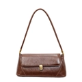 Minimalist dark brown baguette bag with vintage texture and golden metal buckle clasp - Brown