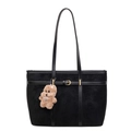 Grand sac cabas vintage en daim noir avec pendentif ours pour le transport quotidien - Avec Pendentif / Noir