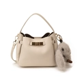 Chic beige lychee leather bucket bag with gold clasp and plush bunny charm detail - With Pendant / Beige Grey