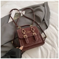 Retro burgundy versatile backpack in matte leather with contrast stitching and gold buckles - With Pendant / Burgundy