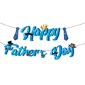 Striscione blu Happy Father's Day con glitter, corona, baffi e decorazioni a cravatta - Banner di lettere