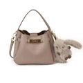 Taupe pebbled leather bucket bag with gold twist lock and cute plush rabbit charm - With Pendant / Mauve Grey