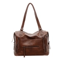 Vintage brown large capacity tote bag with zipper details and metallic rivets - Brown