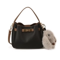 Retro black and brown leather bucket bag with gold clasp and plush rabbit charm - With Pendant / Classic Black