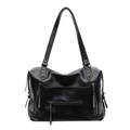 Black leather motorcycle shoulder bag with decorative zippers, tassels and silver rivets - Black
