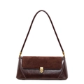 Minimalist dark brown baguette bag in textured suede and smooth leather patchwork - Coffee Suede Texture