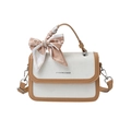 White striped fabric mini square bag with brown leather trim and silk scarf handle - Khaki and White