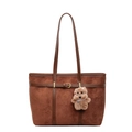 Vintage brown suede tote bag for women with leather trim and cute plush bear charm - Brown