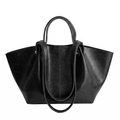 Minimalist black oiled leather tote bag with double stitching and large capacity - Black
