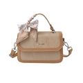 Minimalist khaki textured square handbag for women with fashion print silk scarf handle - Khaki